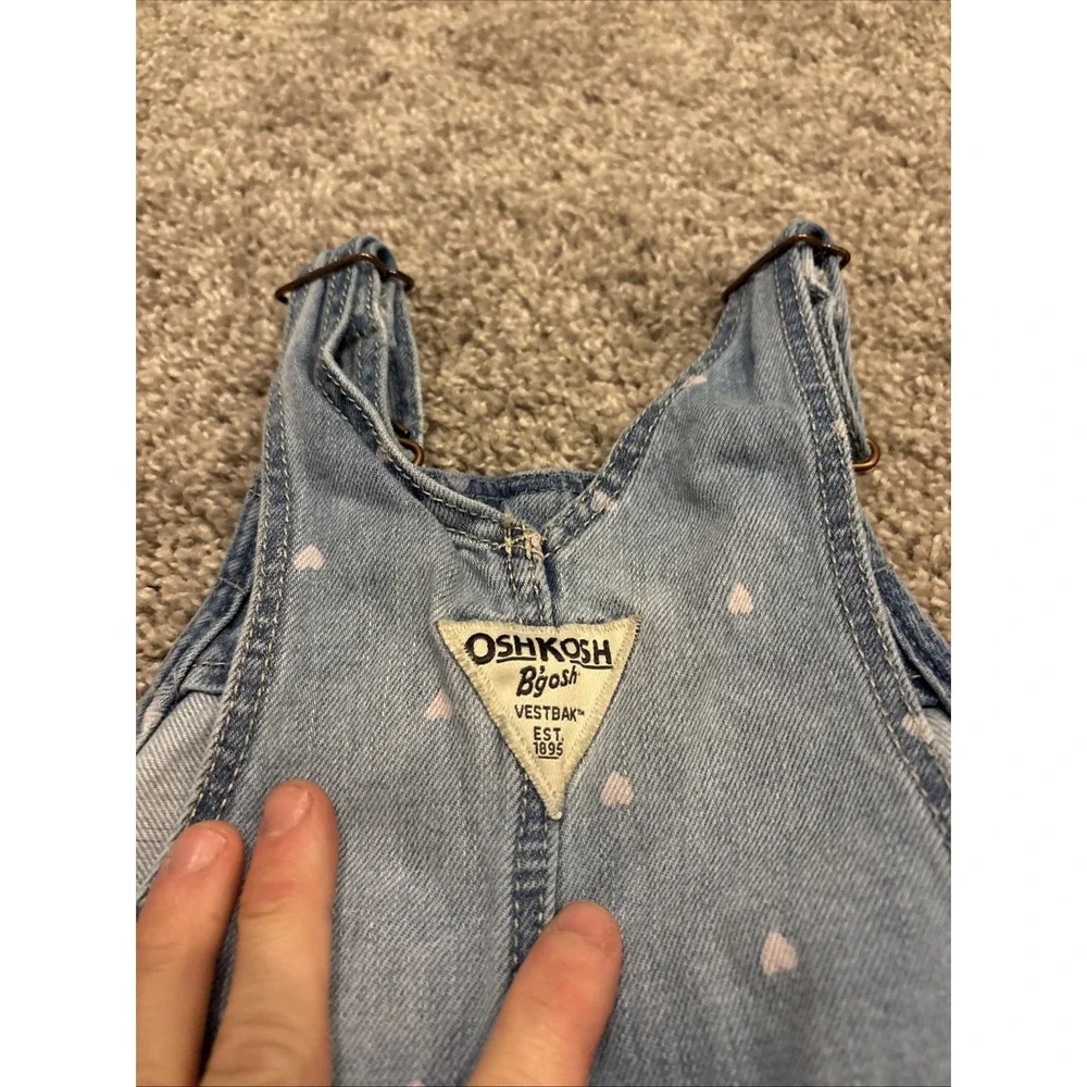 OshKosh B'gosh Overalls Girls 3T Toddler Blue Denim Pink Heart Print Bibs Cotton
